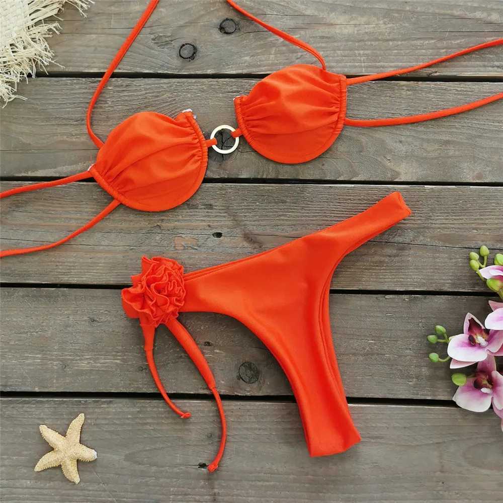 3D floral push up bikini set bead suspender swimsuit mini thong sexy swimsuit womens metal ring swimsuit bikini 2024 MuejerW241225