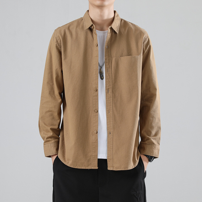 M12242 2024 Pure Cotton Simple Style Shirt Men's Solid Color Long Sleeve Top Jacket