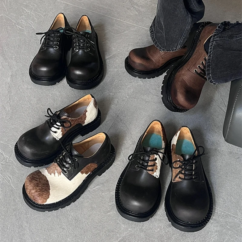 Style Horsehair Women's Derby Shoes Thick Heel Fashionable Loafers Women Left and Right Color Matching Female Shoes