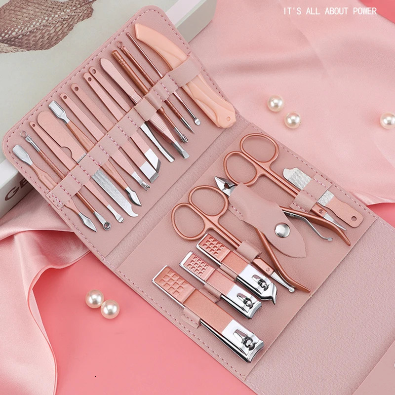 Rose Gold Nail Clipper Set Stainless Steel Manicure Nail Scissors Pedicure Kit Nippers Trimmer Care Tools With Pink Folding Bag 241225