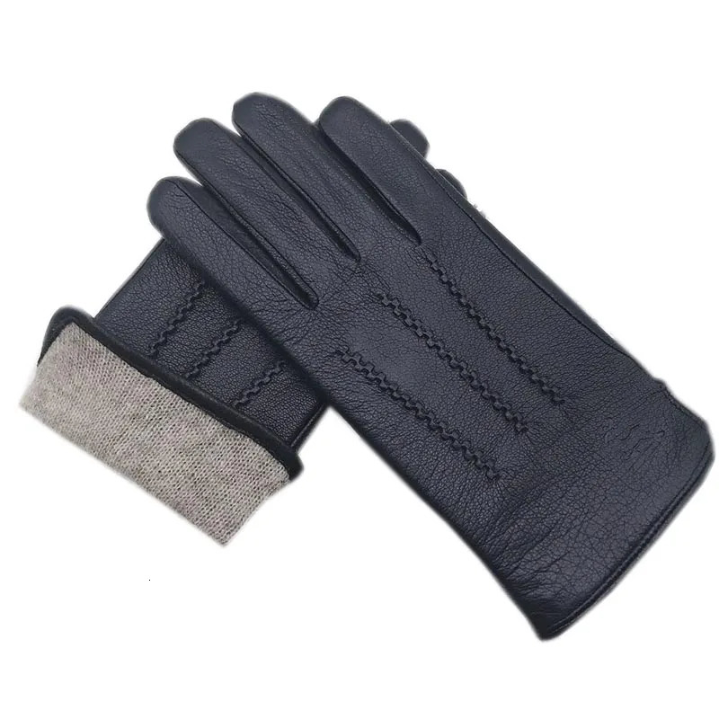 Winter Mens Deerskin Gloves Wrist Fashion Genuine Deerskin Gloves Wool Lining Machine Sewing Warm Driving Riding Col 241225