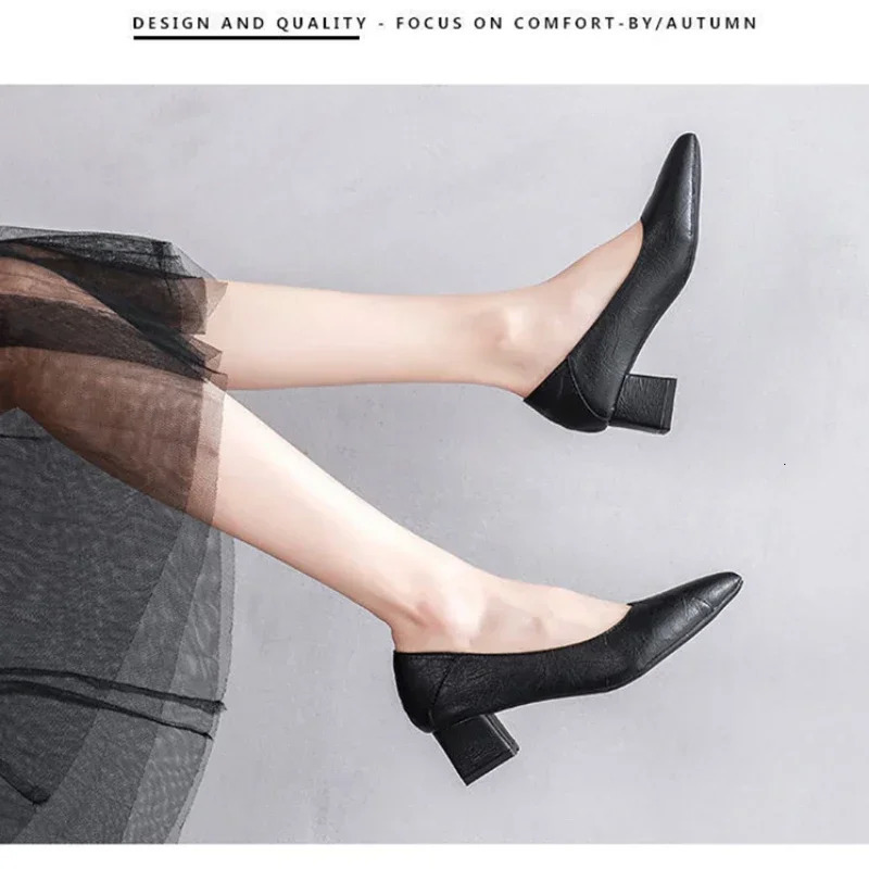 3-5cm Chunky Heeled Women Shoes Square Heel Leather Shoes Pumps Zapatos De Mujer Fashion Office Ladies Single Shoe 241225