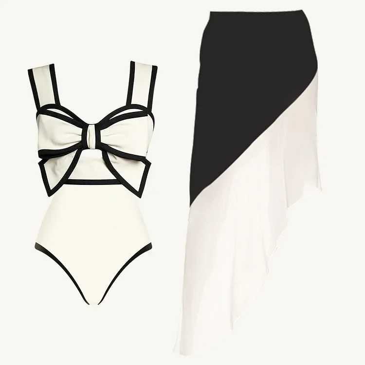 Bikini set black and white color one-piece swimsuit womens swimsuit slim fit open collar bow design bikini dot skirtW241225
