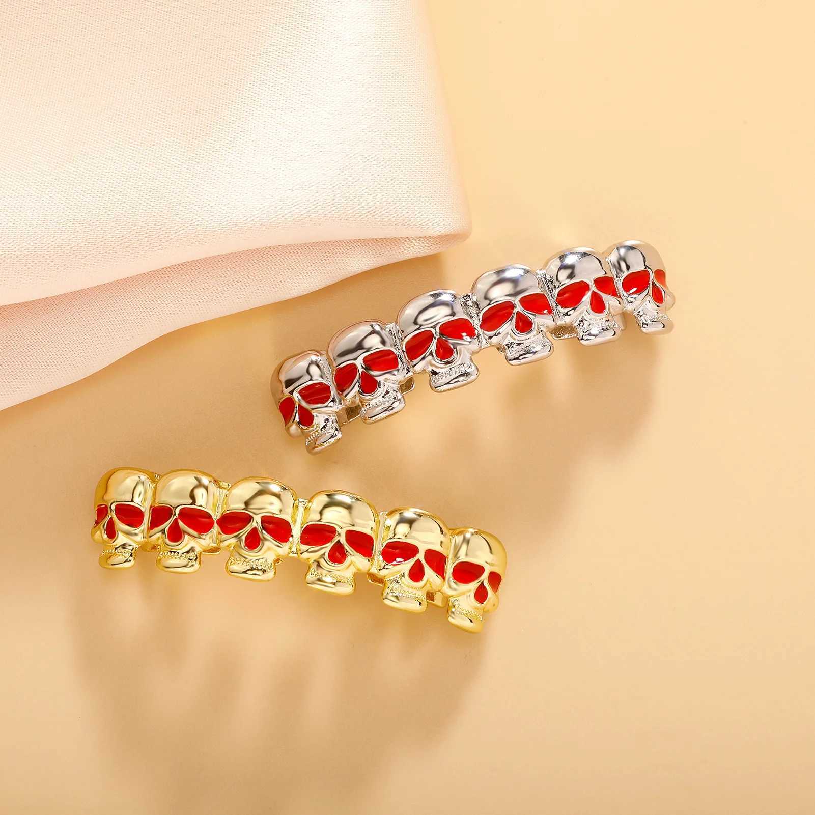 YOUNGX Hip Hop 6 Skul Tooth Grillz Top Bottom 14K Gold Plated Teeth Cs For Women Jewelry Halloween Cosplay GiftXJ241225