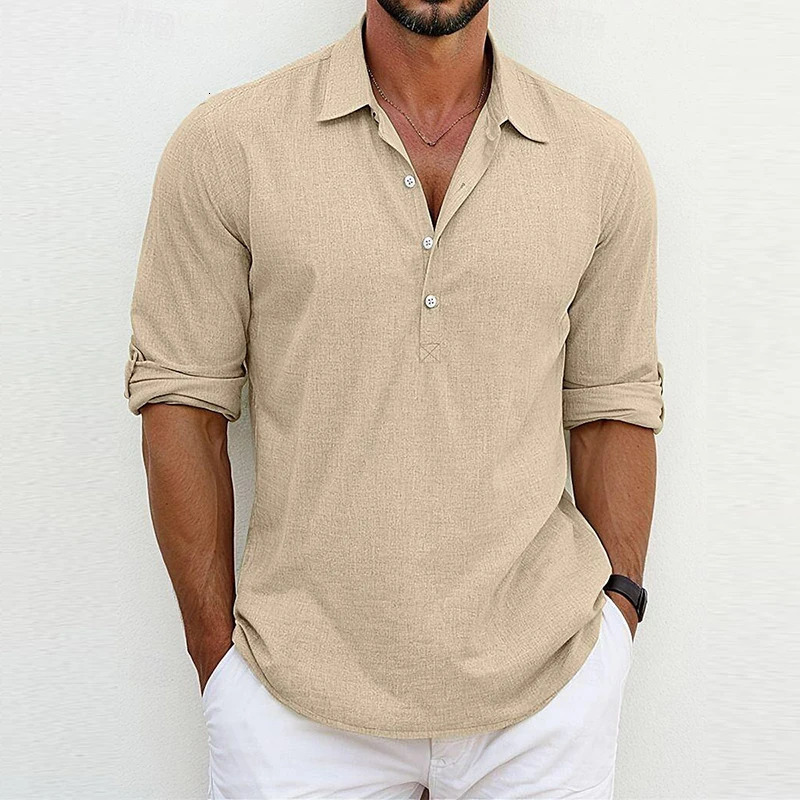 Leisure Loose Cotton Linen Polo Shirt Men Summer Long Sleeve Buttoned Lapel Tops For Mens Fashion Simple Solid Color Polo Tees 241224