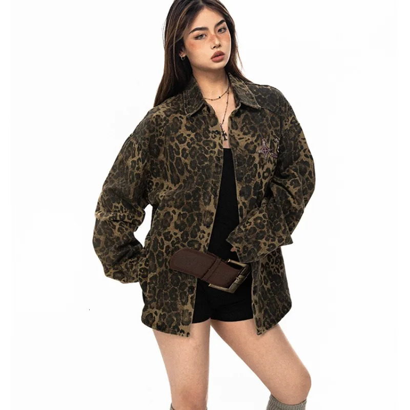 Denim Jackets Women Vintage Fashion Casual Tops European Style Street Leopard Print Single Breasted Y2k Daily Coats Personality 241223