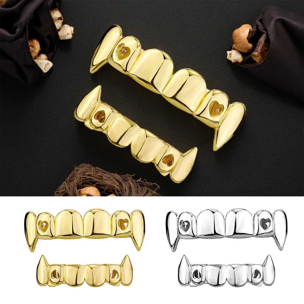 YOUNGX Gold Silver Color Hollow Heart Tooth Cs For Women Men Hip Hop Glossy Teeth Grills Fangs Jewelry Halloween GiftXJ241225