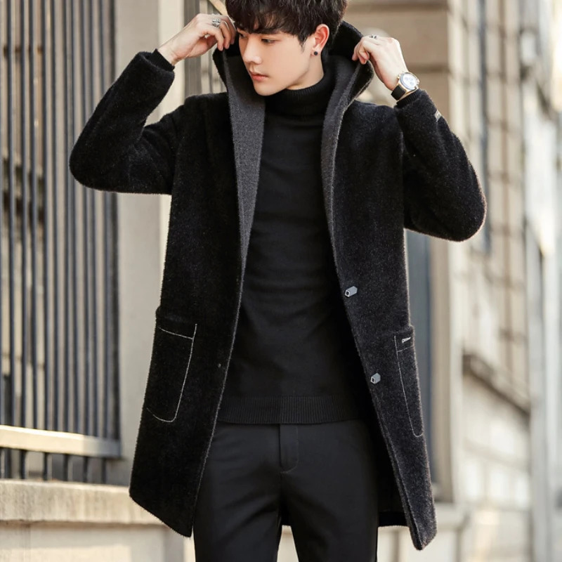Winter Long Wool Blends Jacket Men Hooded Casual Business Trench Coat Social Streetwear Woolen Windbreaker Clothing 241225