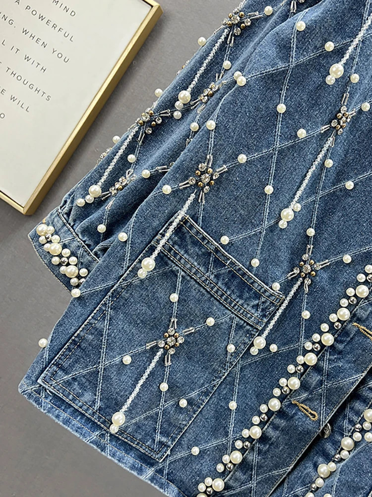 DEAT Womens Denim Coat Nail Drill Pearls Pendant Plaid O-neck Single Breasted Elegant Jackets 2025 Spring Fashion 29L7246 241223