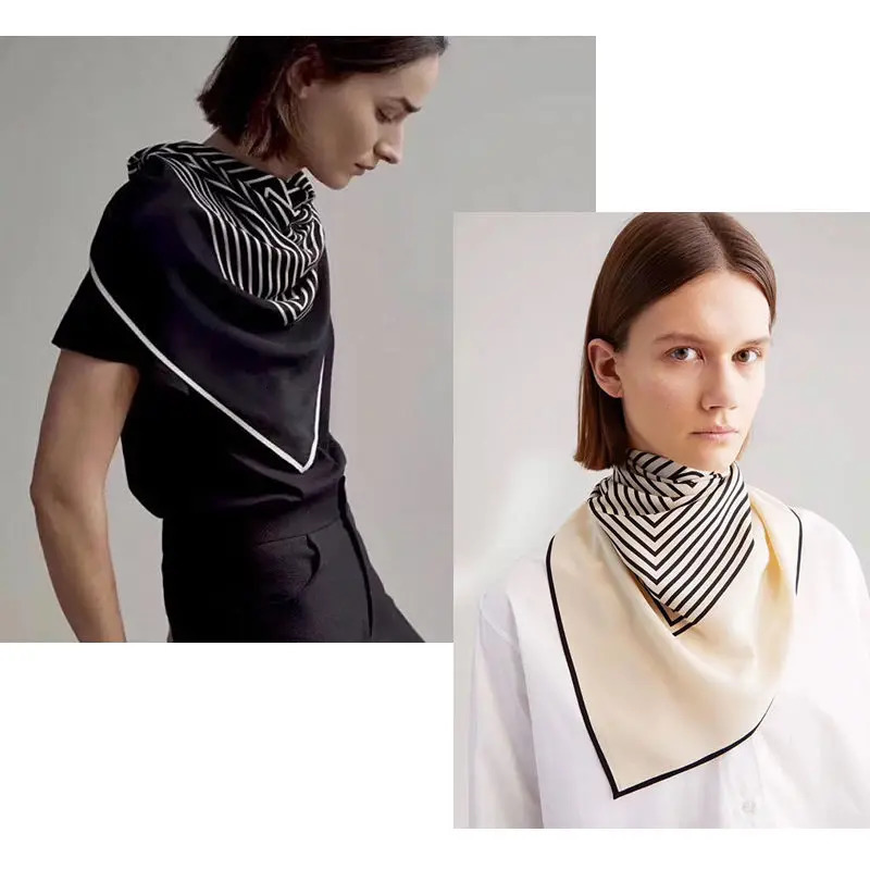 High quality natural silk satin scarf women black white striped printed shawl scarves big size square bandana wrap gift for lady 241225