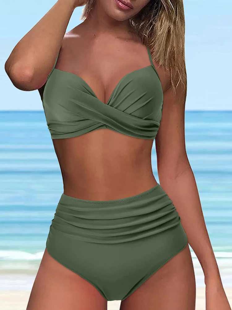 OIINAA swimsuit womens floral print sexy solid bikini set leopard print beachwear swimsuit 2024 two-piece pleated swimsuitW241225
