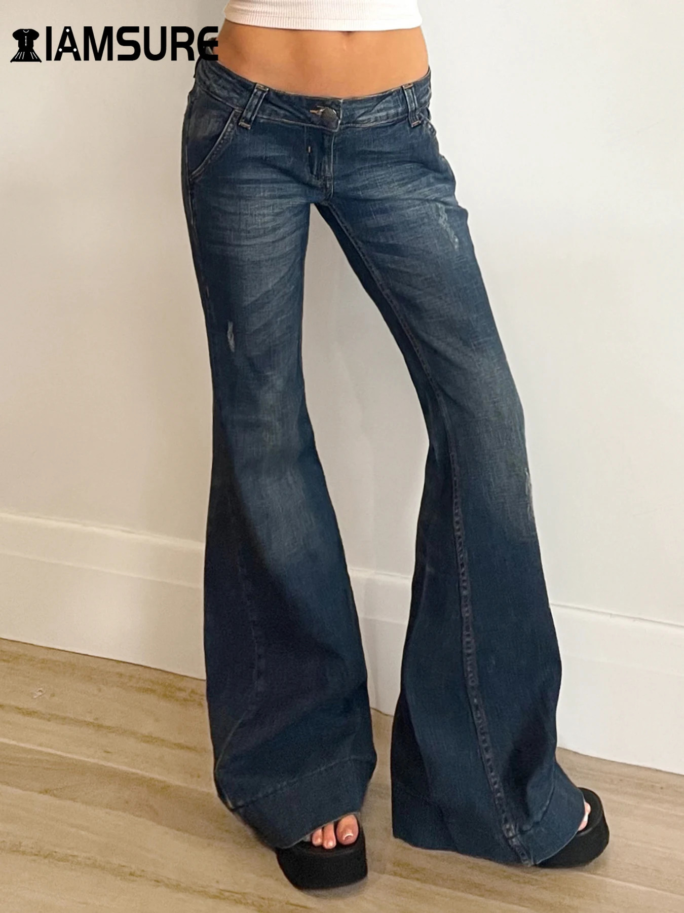 IAMSURE Vintage Slim Flare Ripped Jeans Y2K Skinny Low-Waisted Denim Pants Women Autumn Winter Fashion Streetwear Ladies 241220