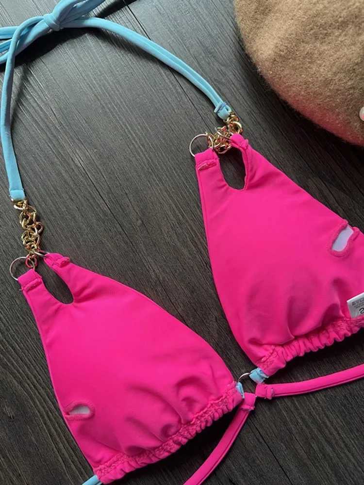 OIINAA swimsuit womens sexy suspender bikini set splicing work lace on yukata block color two pieces summer package BiquinisW241225