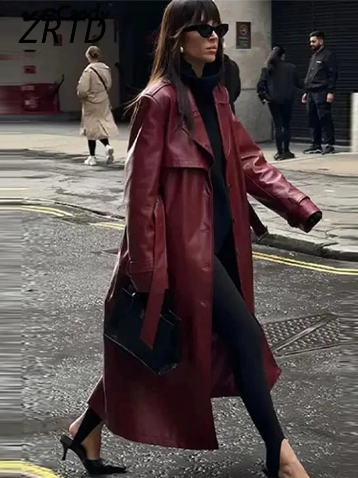 Street Womens Burgundy Leather Overcoat With Belt Lapel Single Breasted Full Sleeve Long Coats 2024 Winter Lady Retro Outwear 250103