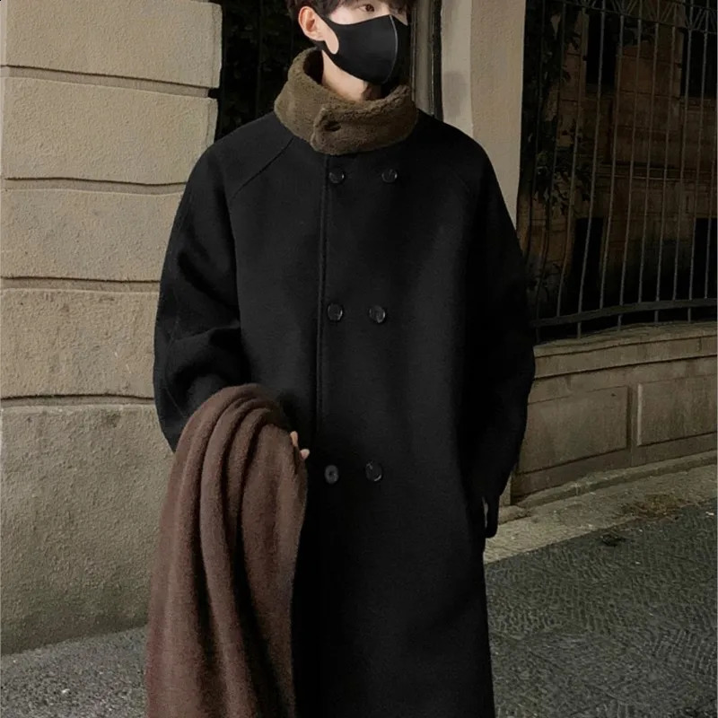 Mens Lamb wool Patchwork Woolen Overcoat Men High-end Stand Collar Casual Loose Korean Style Winter Elegant Trench Coat 241223