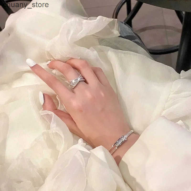 Chain Silver Color Micro Zircon Open Bangle for Women 2024 Korean Simple Design Hollow Versatile Wedding Jewelry Party Gifts L240910