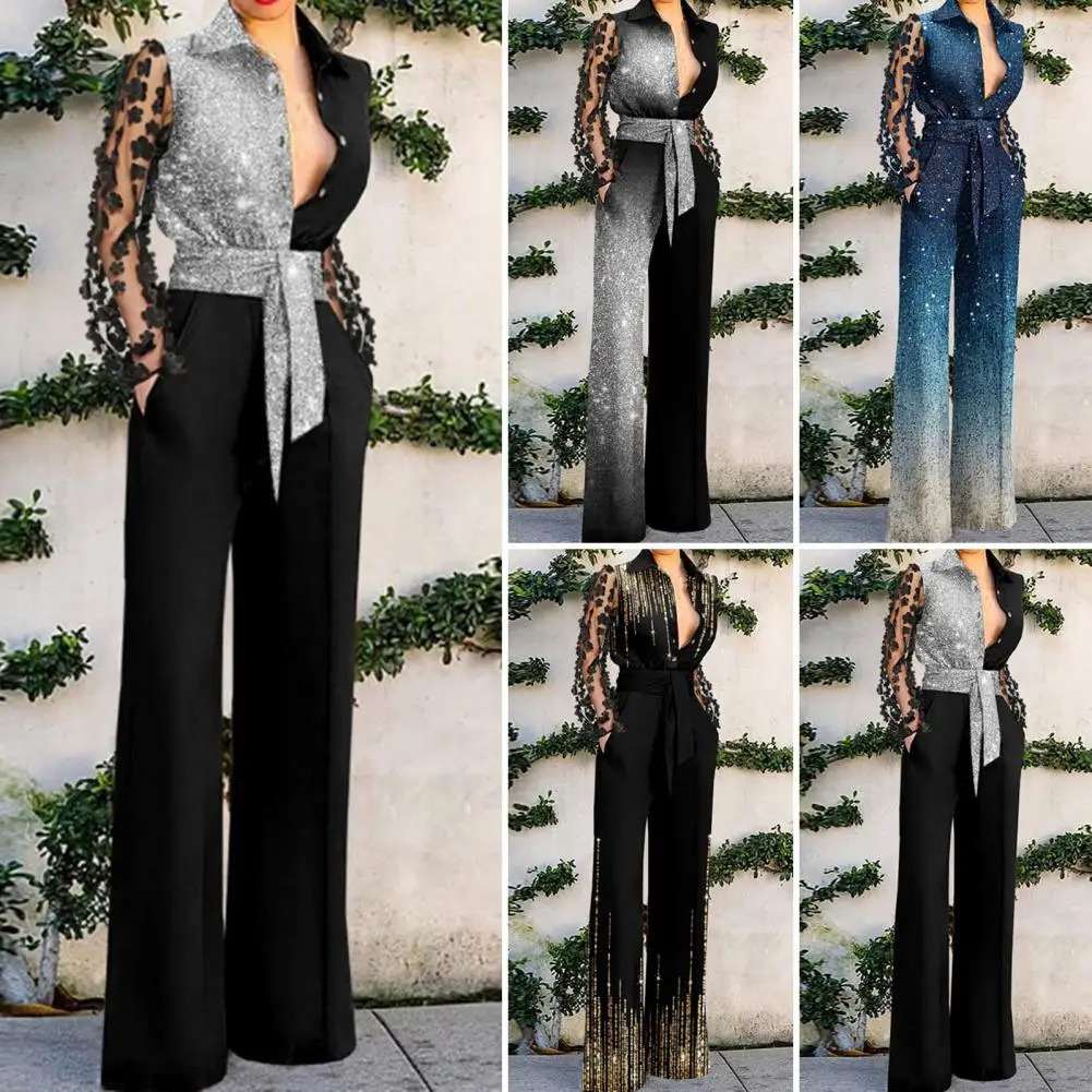 Flower Decor Net Yarn Sleeve Women Jumpsuit TurnDown Collar Patchwork Color Belt Pockets Streetwear 241225