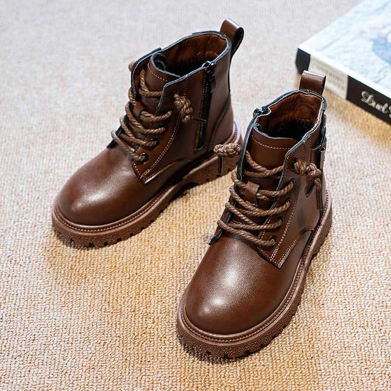 Athletic Outdoor Black Girls Boots 4 To 14 Years Fashion Autumn Winter Children Shoes Leather Non-slip British Style Ankle Boots for Girl Shoes H24122