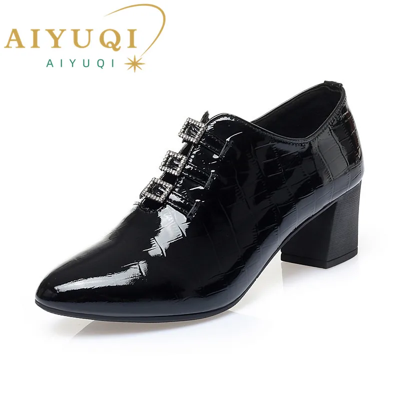 AIYUQ Women's Shoes Genuine Leather Autumn Square Toe Fashion Mid-heel Shiny Women's Shoes Fashion Single Shoes Women
