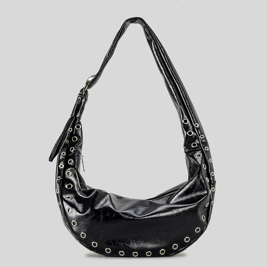 Fashion Rivet Half Moon Women Shoulder Bags Casual Hobos Handbags Retro Oil Wax Pu Leather Crossbody Trend Underarm Bag 2025
