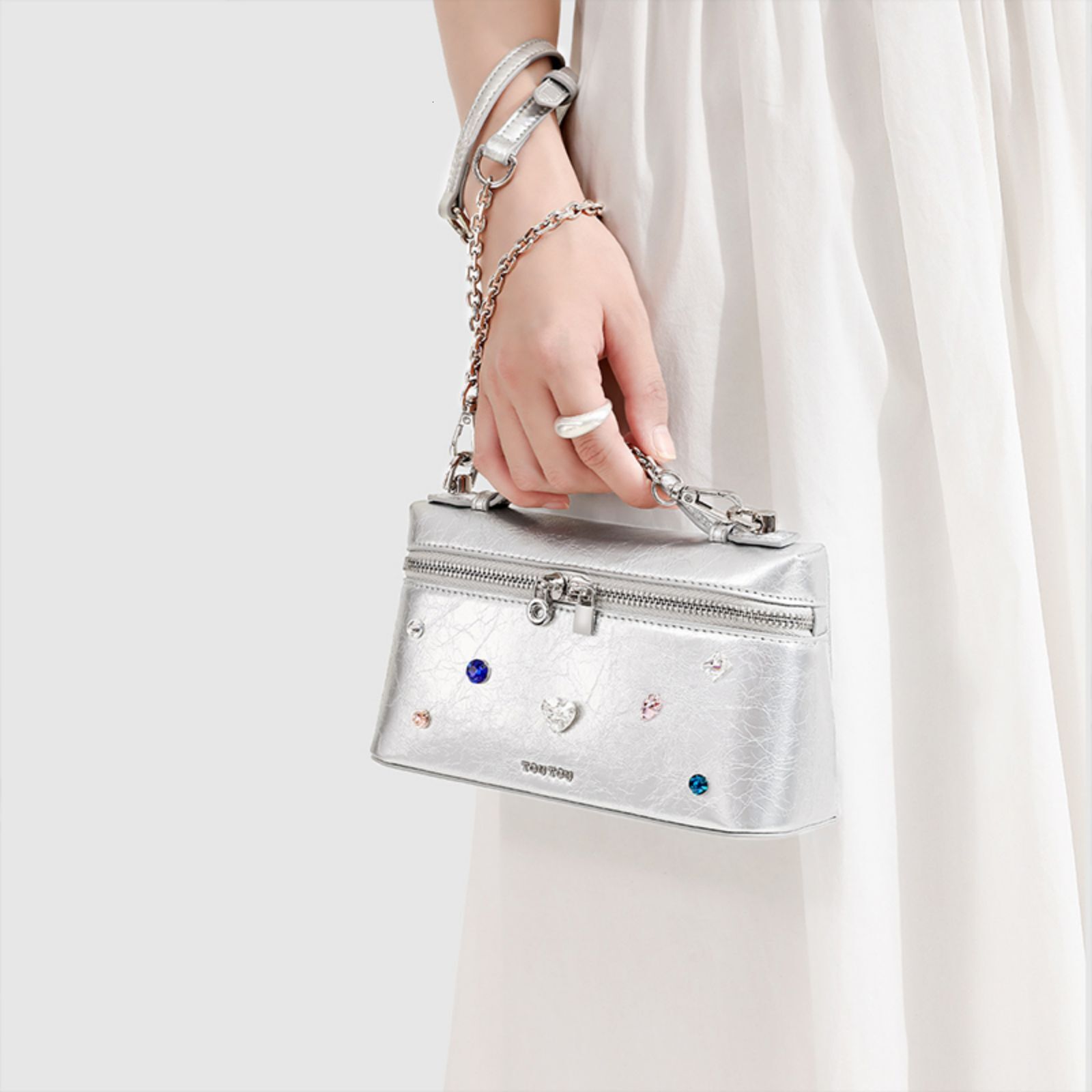 TOUTOU Jewel Embellished Box Bag, New Summer Sier Handbag, And Exquisite Shoulder Bag
