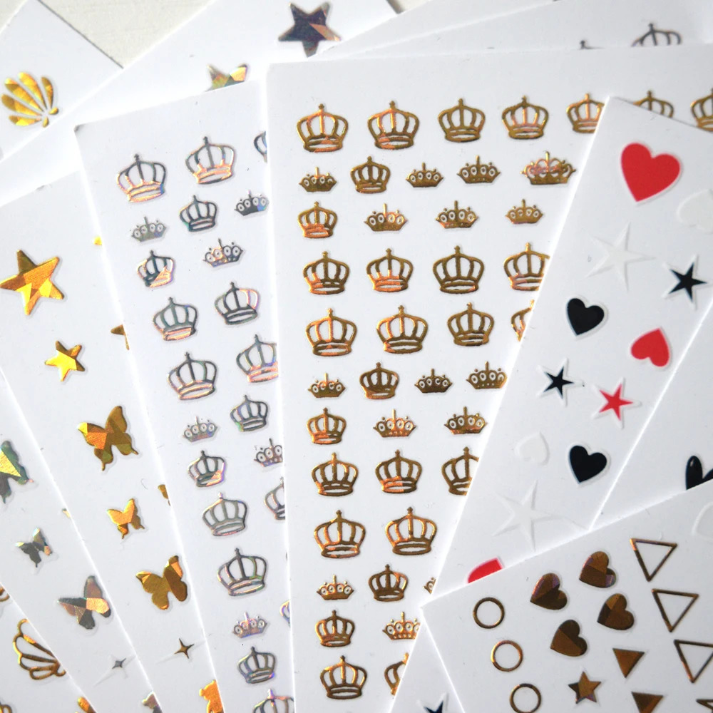10PCS Black and White Love Laser Gold and Silver Crown Nail Art Sticker Geometry Nail Slider Sticker Decal 241225