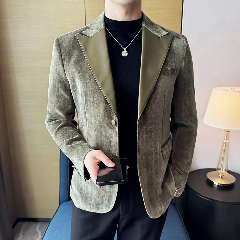 Autumn Five Color Chenille Patchwork Leather Suit Jackets for Men Army Green Kapok Fabric Contrasting Casual Mens Blazer 241225