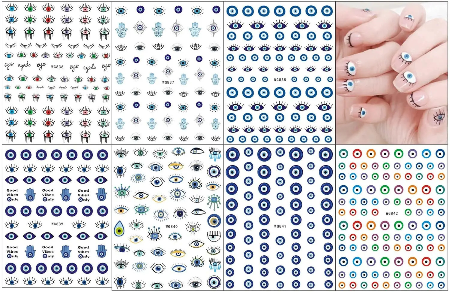 Evil Eyes Nail Art Stickers Decals 7 Sheets 3D Self Adhesive Turkish Blue Eye Khamsah Hand of Fatima Cartoon n Manicure 241225