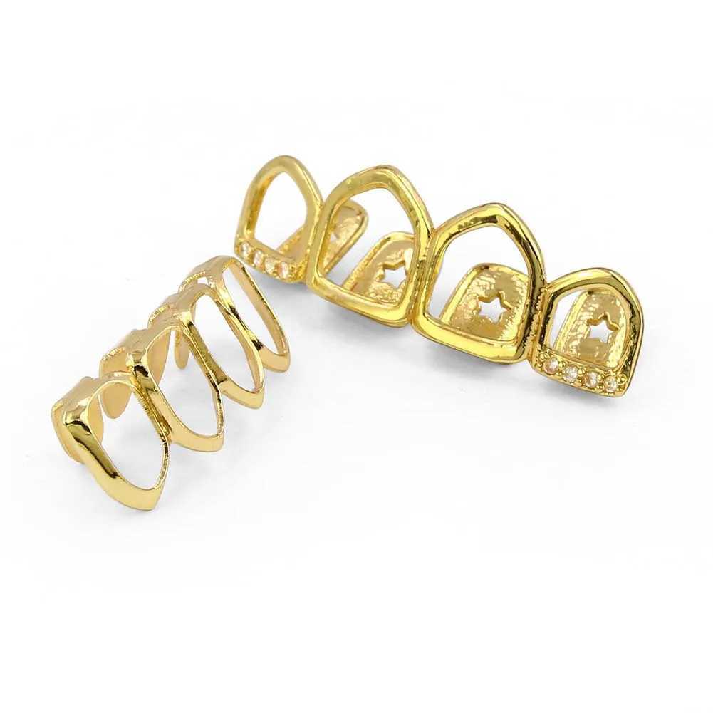 Fashion 4/4 Full Hollow CZ Teeth Grillz 14K Gold Plated Tooth Cs Decor Braces Fangs Dental Grills For Men Women JewelryXJ241225