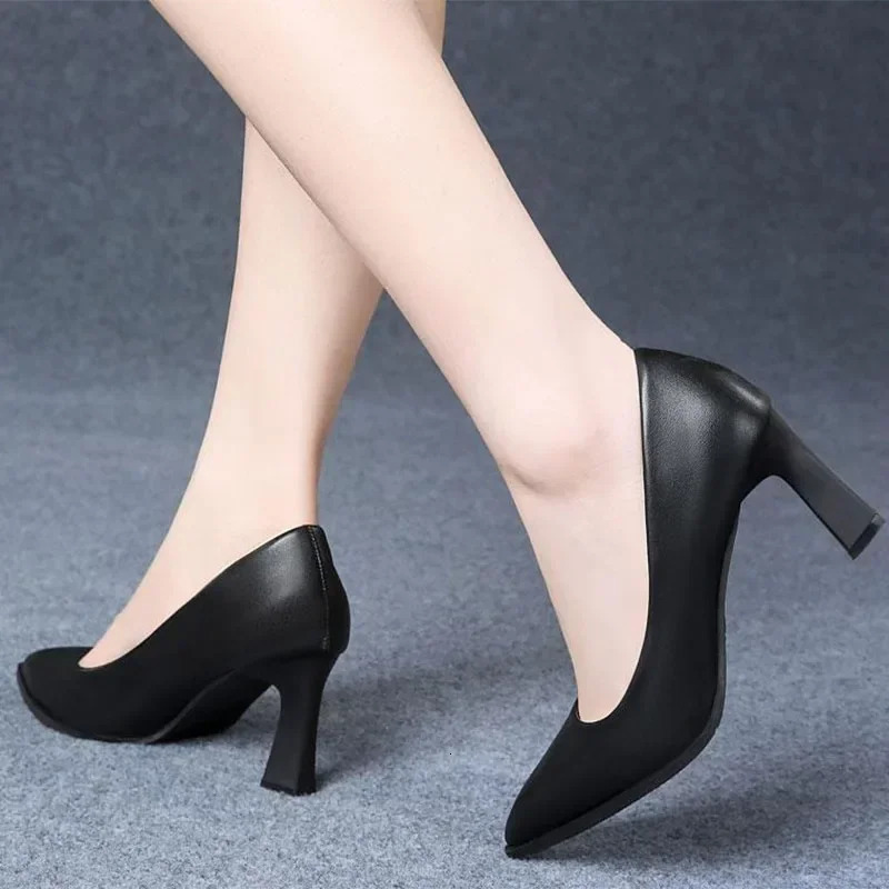 Black Womens Pumps 6-8cm Heel Soft PU Leather Non-slip Single Shoe Professional Interview High Heels Mid Heeled Work Shoes 241225