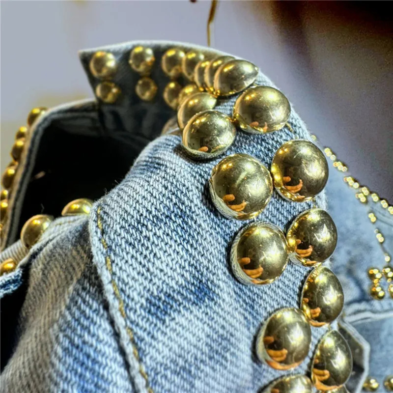 Spring Women Heavy Work Rivet Blue Short Denim Cardigan Jacket Loose Big Pocket Lapel Long Sleeve Female Jeans Jacket Coat 241223