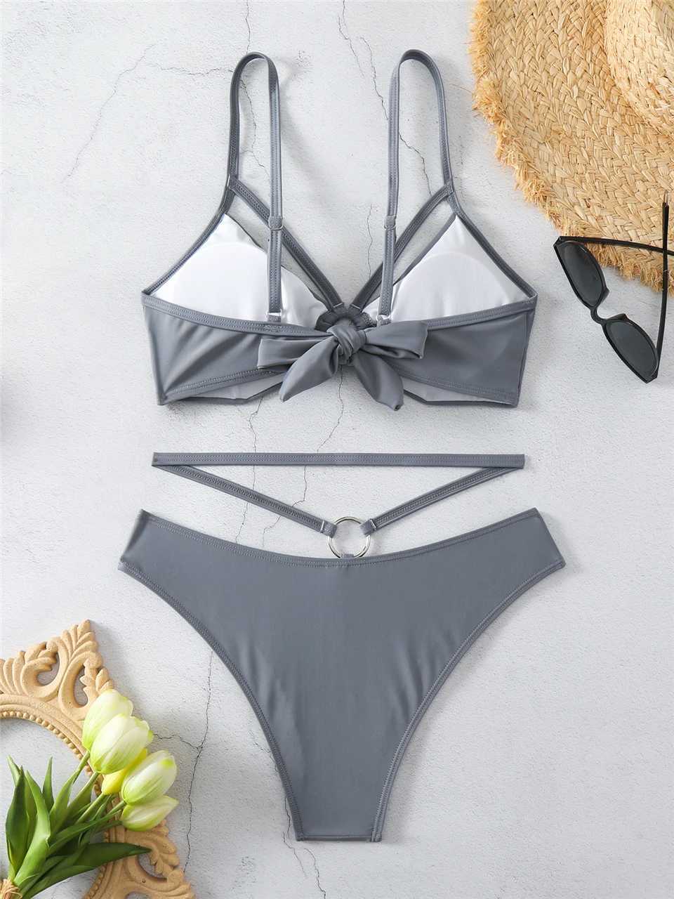 Buckle bikini 2024 womens shoulder strap swimsuit womens sexy solid swimsuit summer beachwear womens bath swimsuitW241225