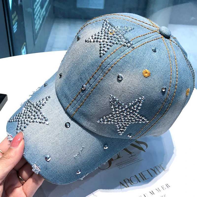 Shining rhinestone womens baseball cap punk pentagram pea cap hip-hop duck tongue cap blue denim duckbill cap pad W241225
