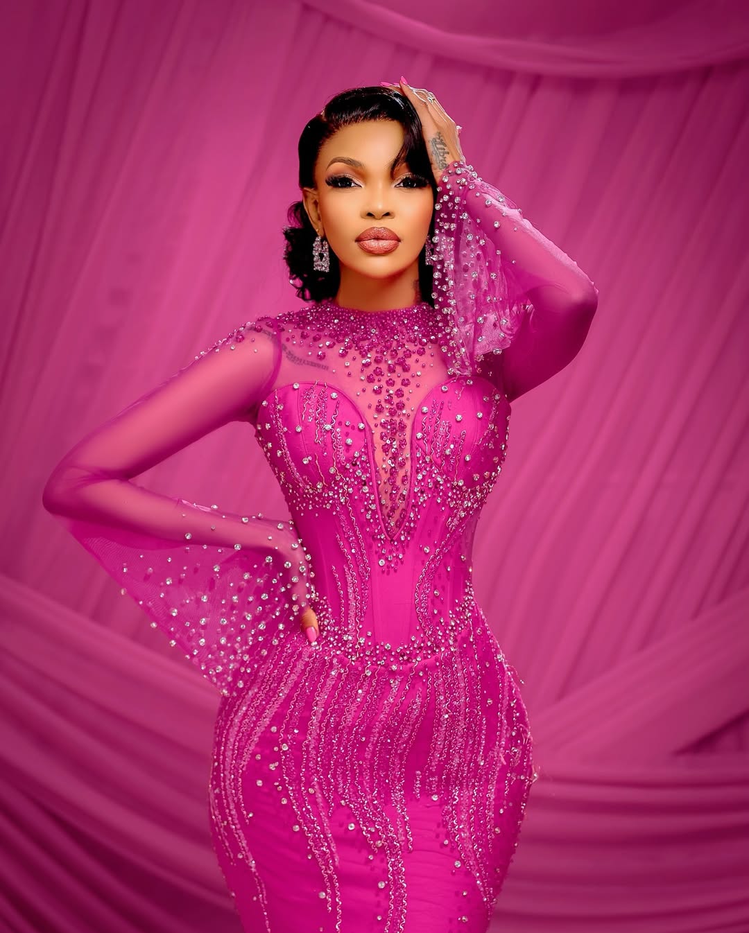2025 Plus Size Fuchsia Prom Dress For Special Occasions Mermaid Evening Dresses Sheer Neck Long Sleeves Beaded Lacce Birthday Dress Second Reception G