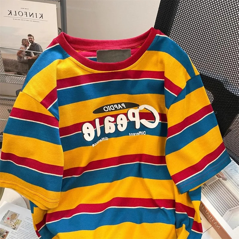 Sense Niche Chic Striped Contrasting Short-sleeved T-shirts Men Women Summer Retro American Fashion Vintage Shoulder Tops 241224