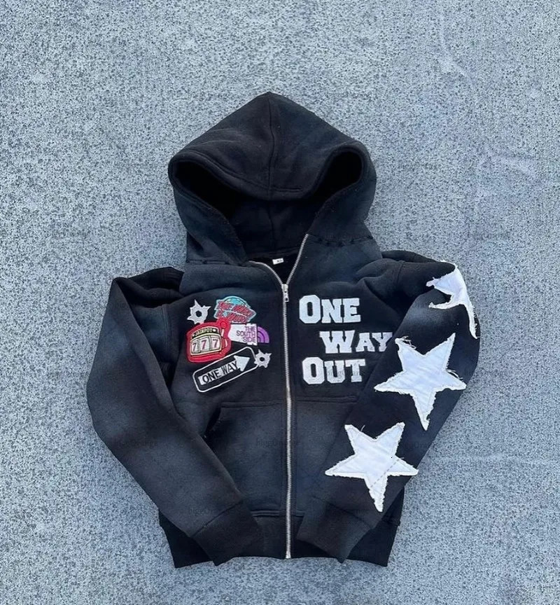 American Harajuku Retro Y2K Star Embroidered Oversized Zipper Hoodie Men Street Hiphop Fashion Versatile Casual Sweatshirt Women 241224