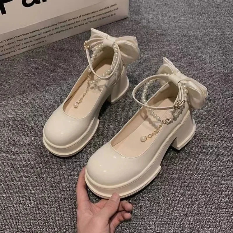 Spring/Summer High Heels Shoes Lolita Skirts Pearl Buckles Bow Mary Jane Shoes Womens Shoes Banquet Casual Shoes for Women 241225