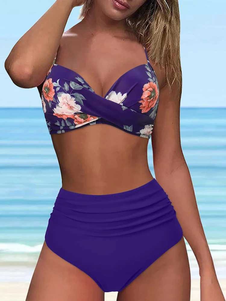 OIINAA swimsuit womens floral print sexy solid bikini set leopard print beachwear swimsuit 2024 two-piece pleated swimsuitW241225