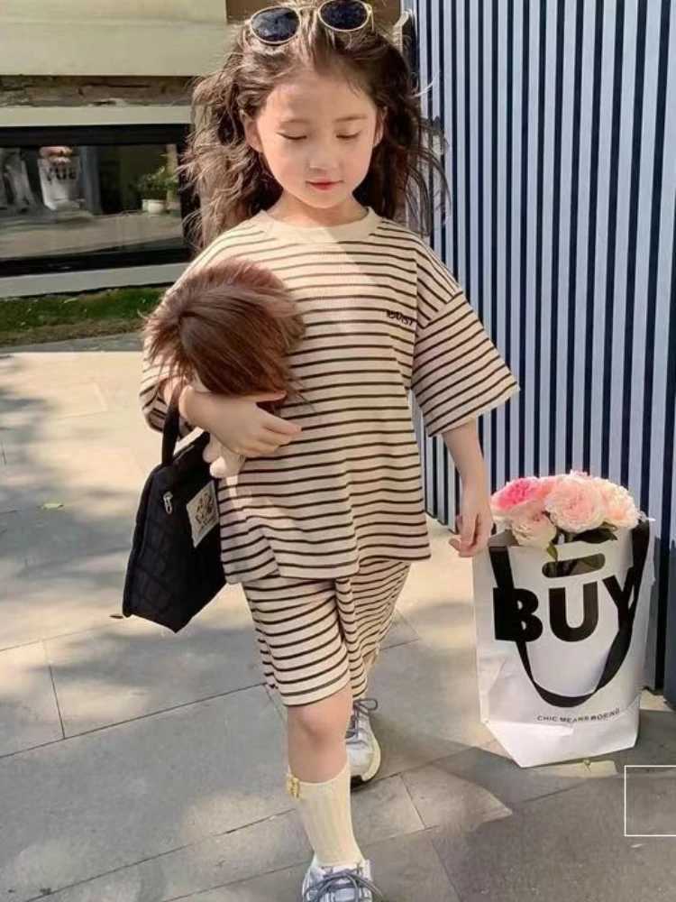 Clothing Sets Summer Children Girls Clothes Set Kid Crew Neck Stripe T-shirts and Shorts 2 Pieces Suit Fashion Top Bottom Outfits TracksuitsY241225K37