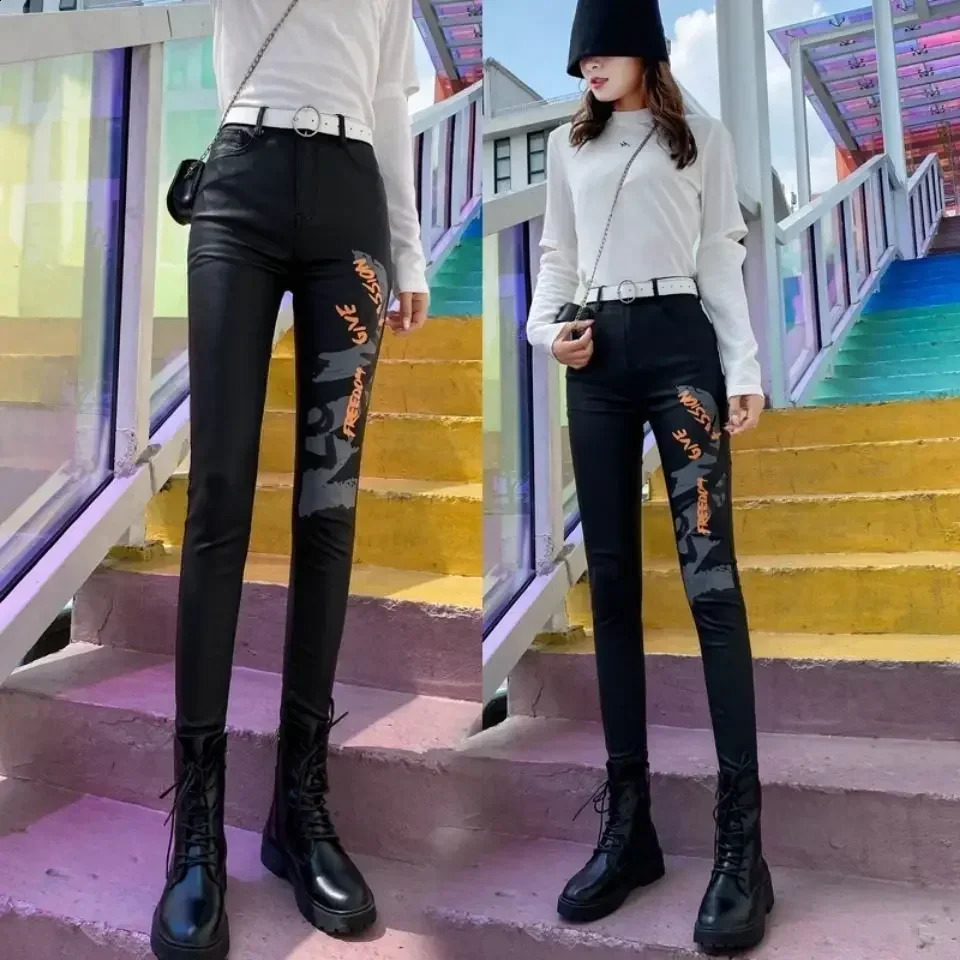 Women Pants Leather High Waist Feet Winter Black Casual Pantalones De Mujer y241223