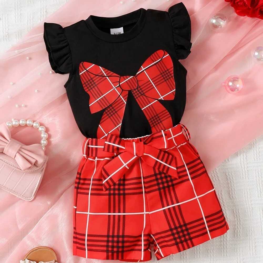 Clothing Sets 2PCS Baby Girls Clothes Set Flutter Short Sleeve Plaid Bow Print Top and Shorts Fashion Photograph Outfit for Toddlers 0-2 YearsY241225F