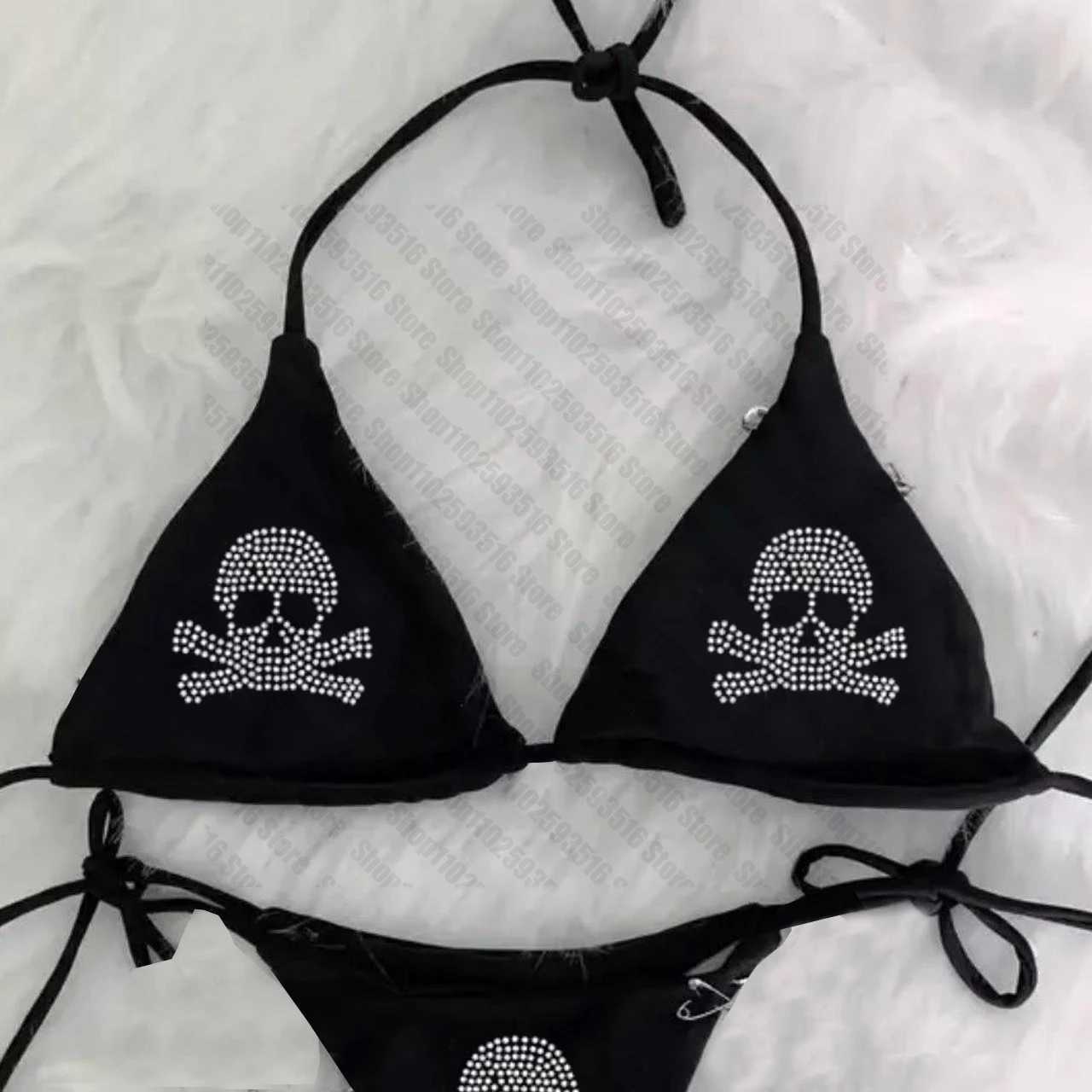 Y2K bikini set Rhinestone skeleton emo swimsuit womens sexy printed pad bra thong two-piece swimsuit beach wear womens swimsuitW241225