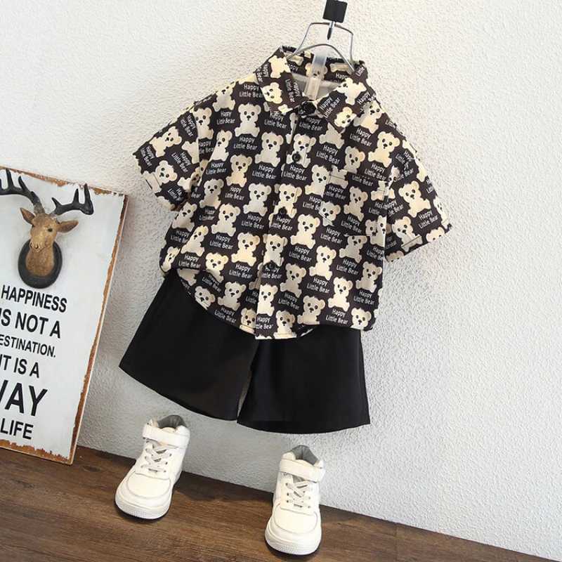 Clothing Sets Summer Children Boy Clothes Set Kid Cartoon Bear Shirts and Shorts 2pcs Suit Fashion Single Breasted Top Black Bottom OutfitsY2412251HDF