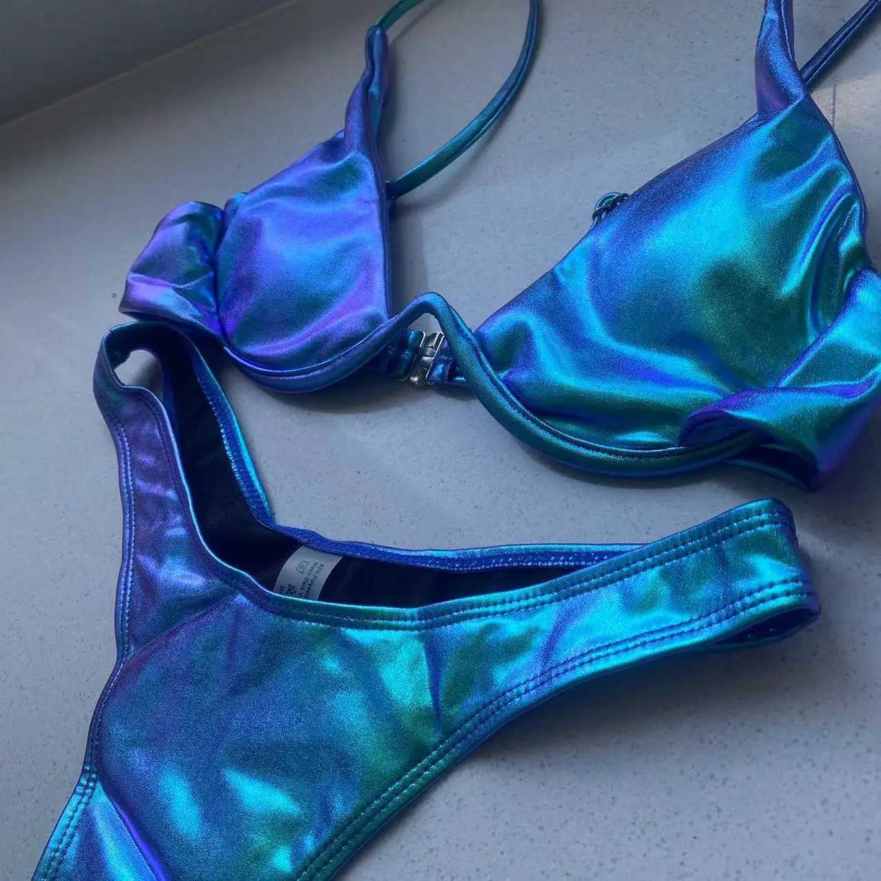 Sexy triangle bikini 2022 holographic blue push up extreme thong swimsuit Brazilian bandage swimsuit mini bikini swimsuitW241225