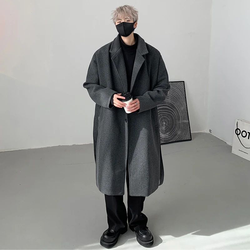 PFNW Autumn Mens Woolen Coat Casual Belt Thickened Single Breasted Solid Color Long Male Loose Trench Korean Style 12C968 241225