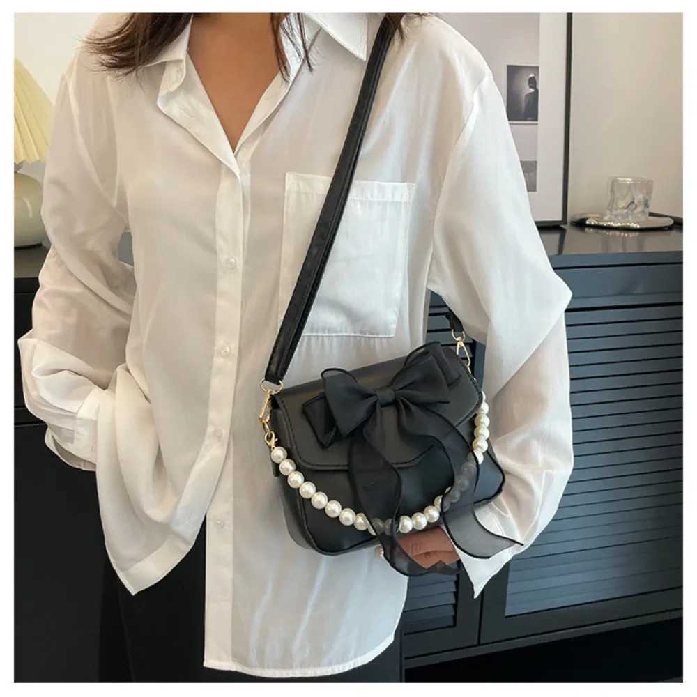 Solid Color PU Leather Pearl Chain Bag Bow Knot Fi Top-Handle Bag Women Canvas Large Armpit Bag Shoulder BagXJ241225