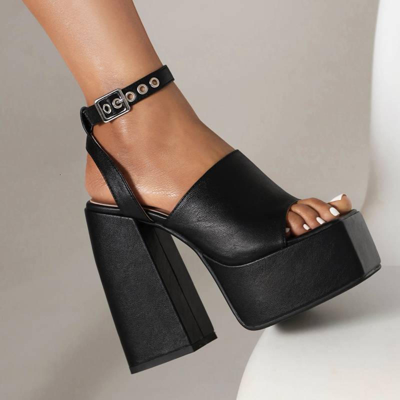 ASILETO Women Sandals Square Toe Block Heel 14.5Cm Platform 5Cm Ankle Buckle Strap Plus Size 41 42 43 Fashion Sexy Party Shoes