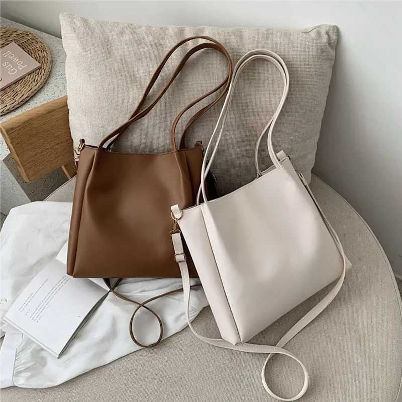 Simple Women Bucket Shoulder Bags New Solid Color Handbags 2023 Large Capacity Tote Bags Large Capacity Pu Leather BagsXJ241225