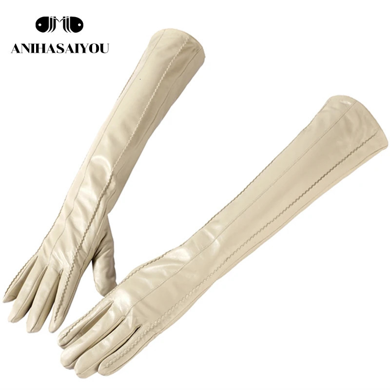 Fashion beige long leather gloveshigh-grade long leather gloves womenwinter genuine sheepskin womens long gloves - CSD2-50CM 241225