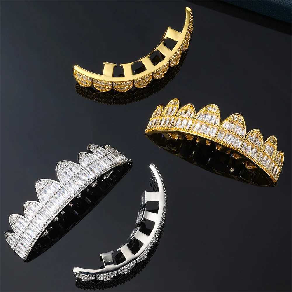Teeth Grillz Prong With Bling AAA Baguette Stones Silver Color Eight Top Bottom Vampire Grills Set For Hip Hop GiftXJ241225